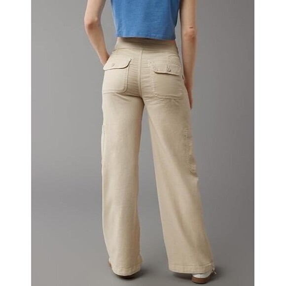 American Eagle Pants Womens Size 8 Tan Dreamy Drape Baggy Wide Leg Linen Cargo - Picture 3 of 13